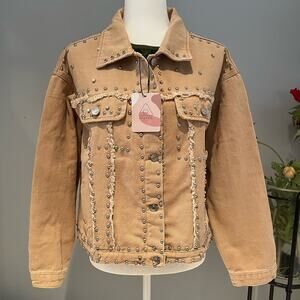 NEW APA Denim Studded Boyfriend Frayed Trucker Oversized Utility Jacket Khaki …